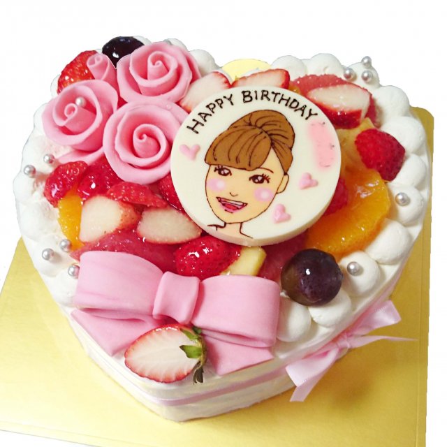 【似顔絵ケーキ】フルーツたっぷり！『ハート形』デコレーションケーキ（ポム店頭・Cake Box受取可）